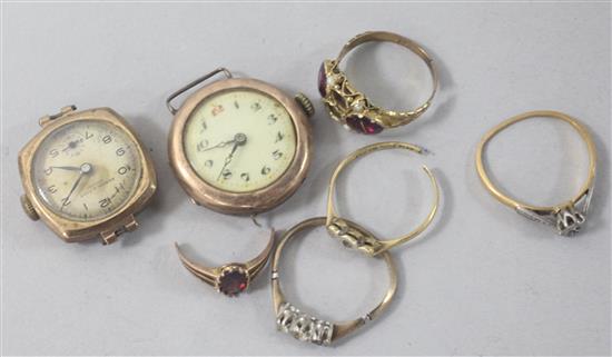 Two 9ct gold watch heads and five various gold and gem set rings (all a.f.).